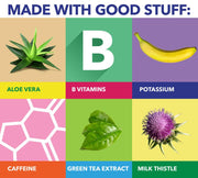Ingredients include aloe vera, B vitamins, potassium, caffeine, green tea extract and milk thistle.