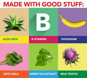 Ingredients include aloe vera, B vitamins, potassium, caffeine, green tea extract and milk thistle.